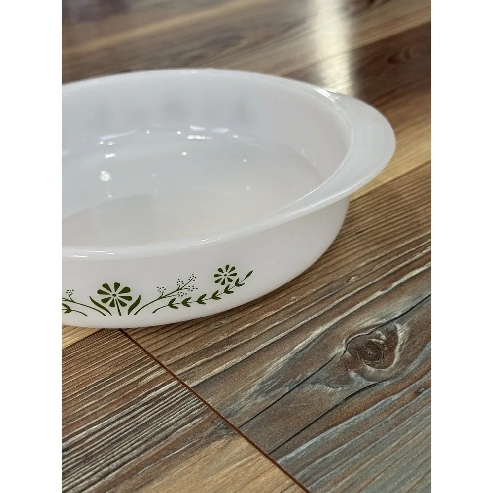 Glasbake white green flowers Casserole Dish J-2429  8 inch.  No lid.  Vintage